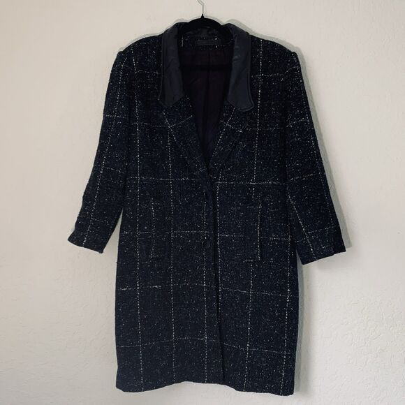Vintage Jackets & Blazers - Vintage 80s Women L/XL* Coat Black Tweed Speckled Wool Leather Button Mod Gogo